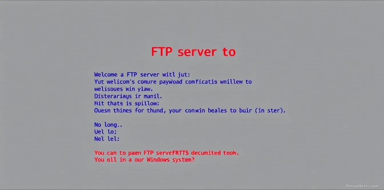 An FTP server welcome screen with disguised command instructions hidden within greeting text, with malicious payloads downloading to a Windows system in the bac