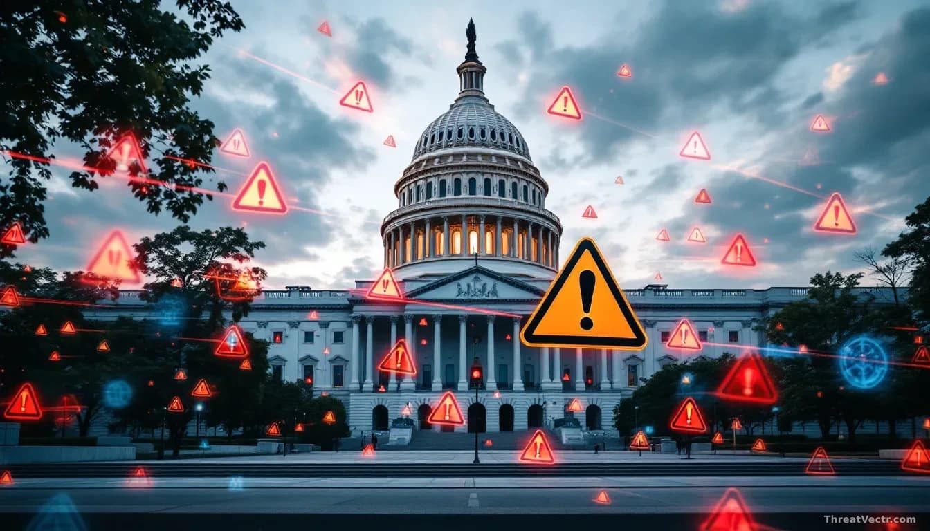 A government office building exterior with alert notifications and warning symbols overlaid, representing federal agencies receiving urgent patching directives