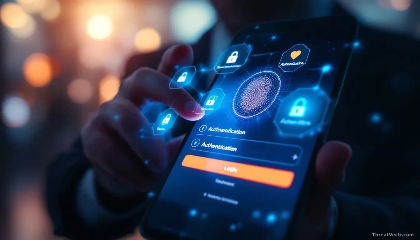 A smartphone login screen showing multiple authentication methods and security badges, with a shadow figure's fingerprint attempting access in the background