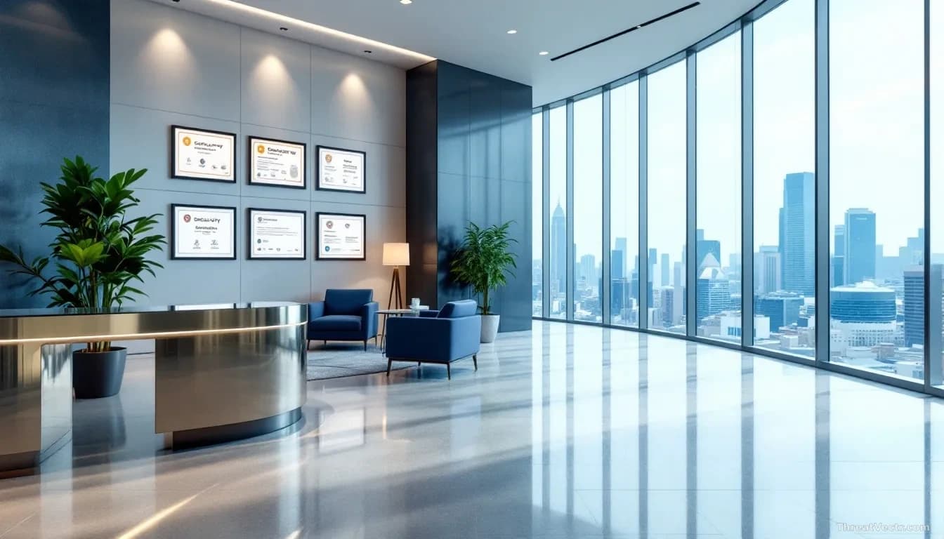 A modern office building lobby or conference room with a polished desk, corporate security certifications on the walls, and city views through floor-to-ceiling 