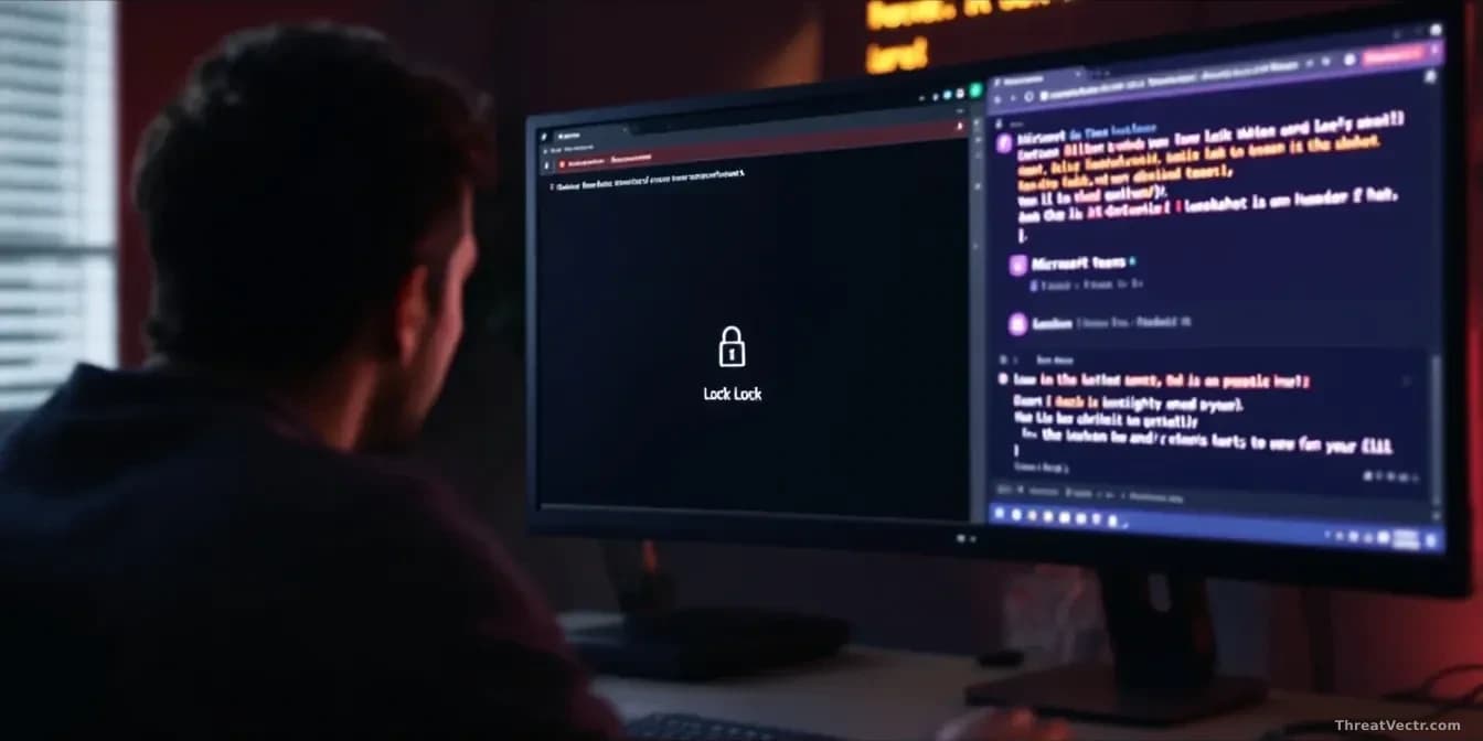 A computer monitor displaying a convincing Windows lock screen with an error message, while Microsoft Teams is visible in the background with a suspicious messa