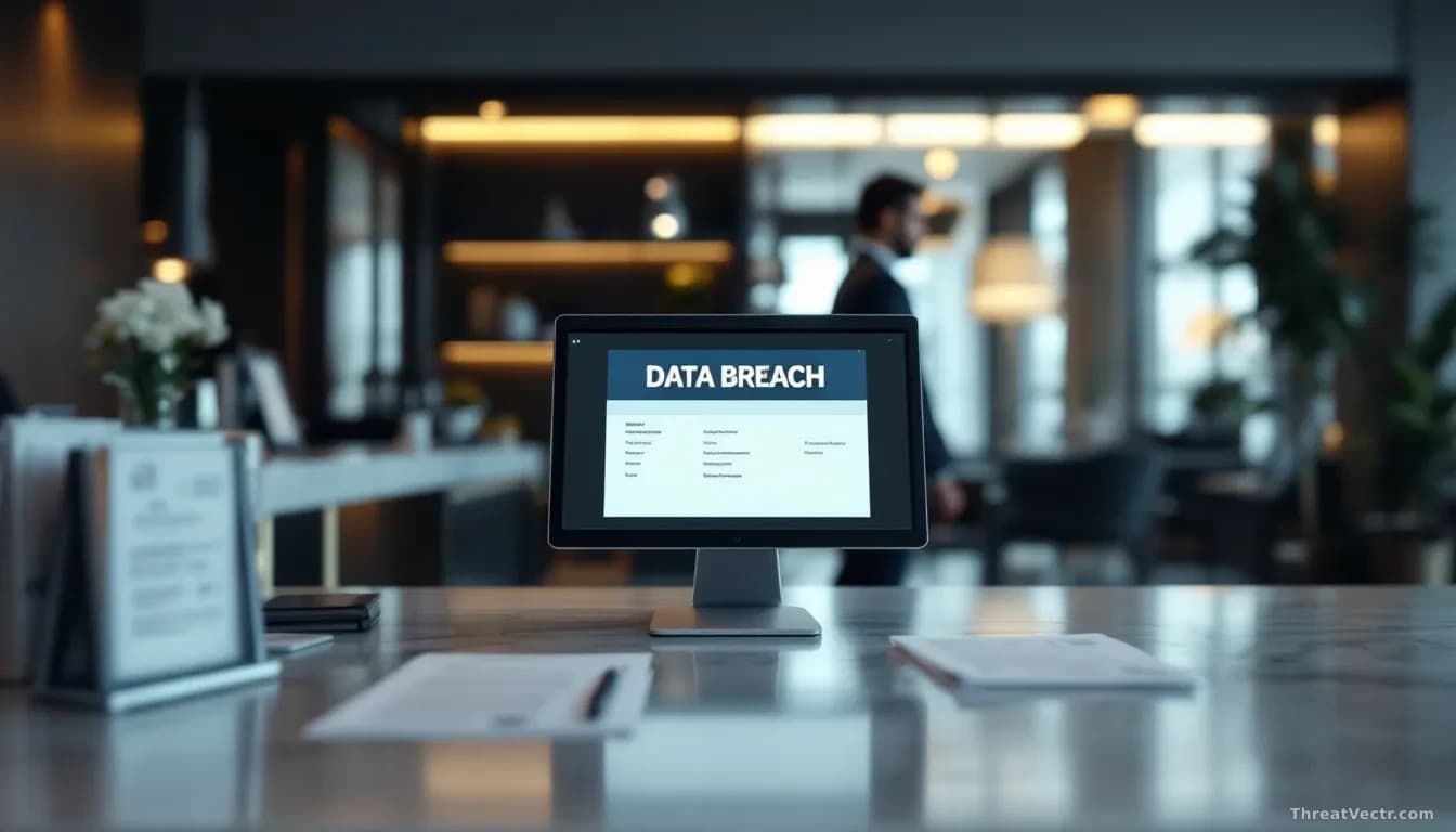 A hotel front desk area with a computer system showing a data breach alert, with guest information forms and identity documents visible on the counter