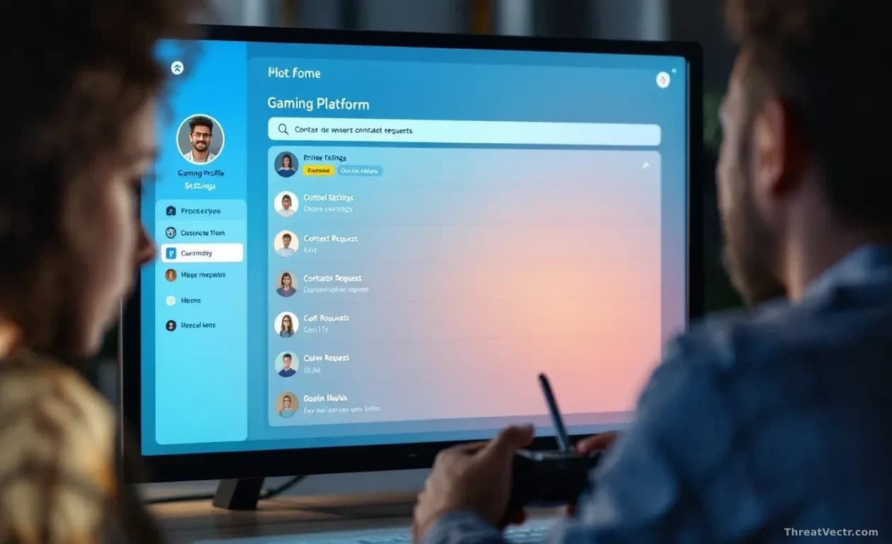 A gaming platform interface on a computer screen showing profile settings and contact request notifications, with a concerned parent looking at the screen over 