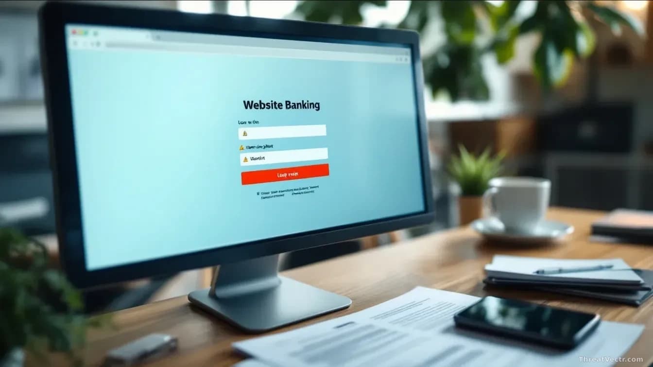 A banking website login screen displayed on a computer monitor with warning alerts visible, alongside banking documents and a mobile phone on a desk