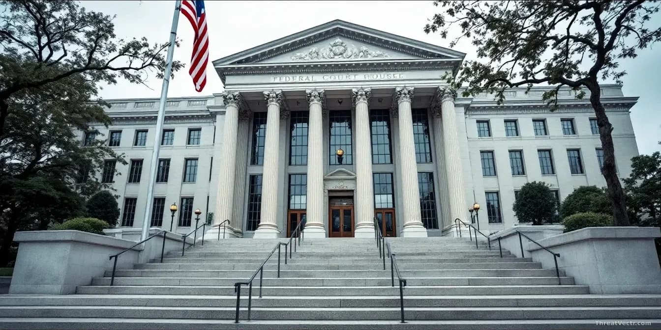 A federal courthouse building exterior with steps leading to the entrance, American flag visible, on an overcast day