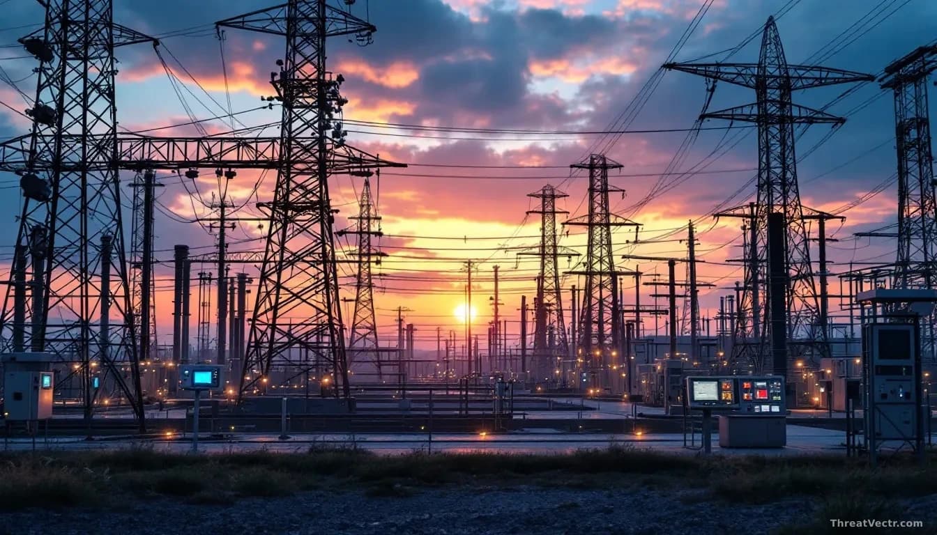 An electrical substation or power plant facility at dusk, with control room monitors visible through windows showing alert states or system shutdowns