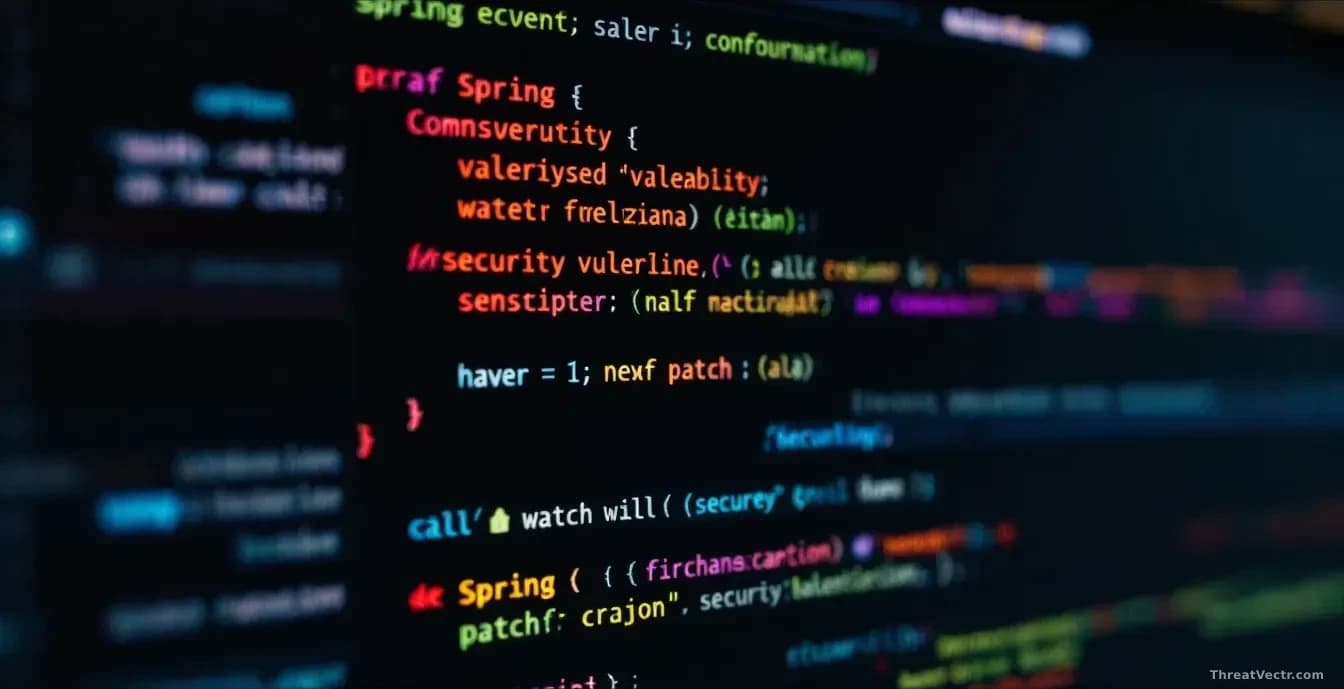 A Java development environment showing Spring framework code with multiple security vulnerability indicators and patch notifications stacked in the interface
