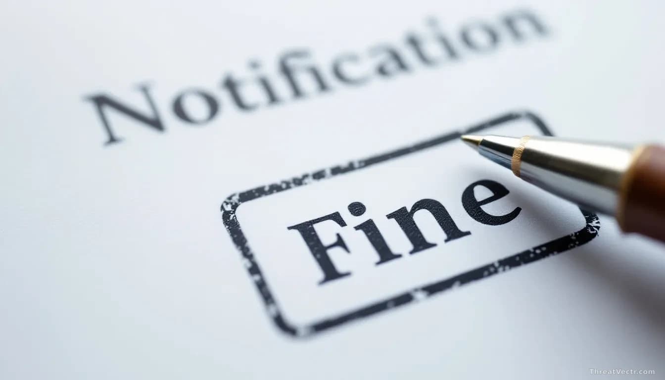 A notification letter or official document stamped with a fine amount, photographed flat-lay with European regulatory agency letterhead visible