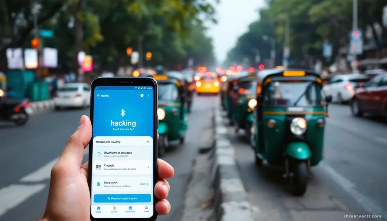 A Delhi street scene showing electric rickshaws parked along a busy urban road with traffic in the background, while a smartphone in the foreground displays a h