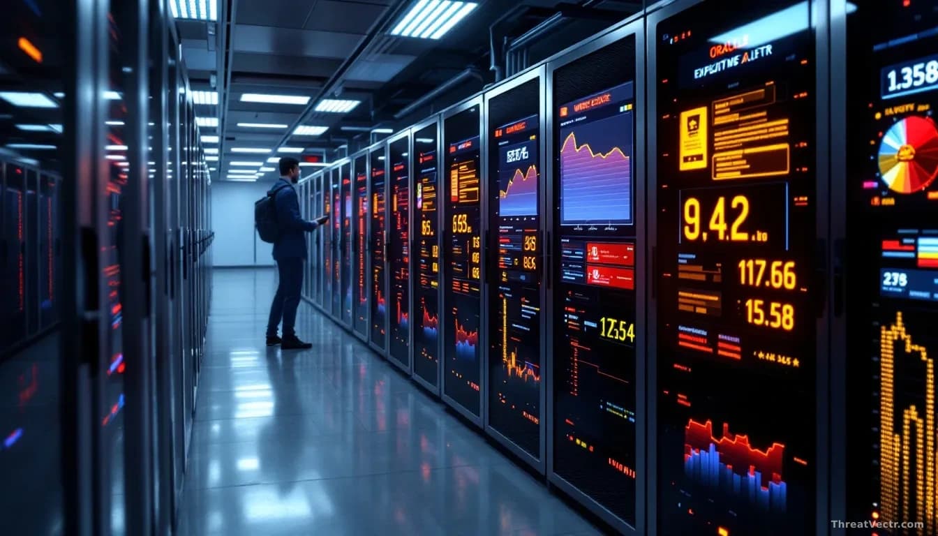 A corporate server room with Oracle WebLogic servers and associated hardware, with critical alert notifications flashing on monitoring dashboards, showing activ