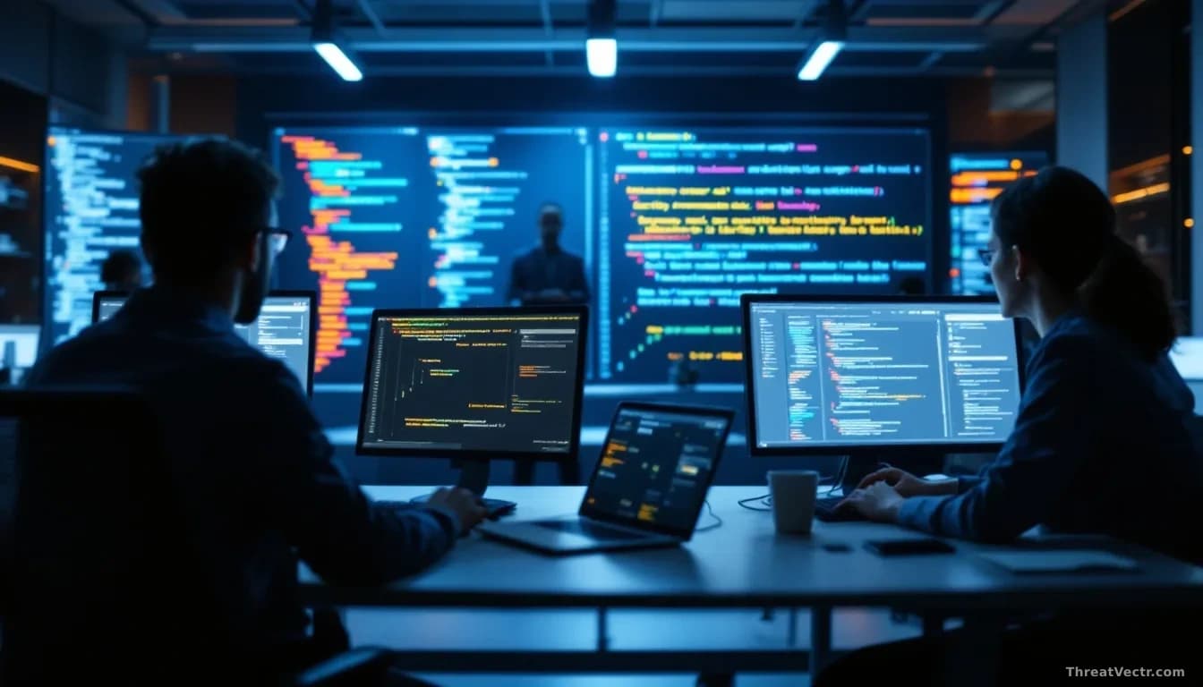 A corporate development environment showing Spring framework code with security patches being silently applied in the background, while a security team at separ