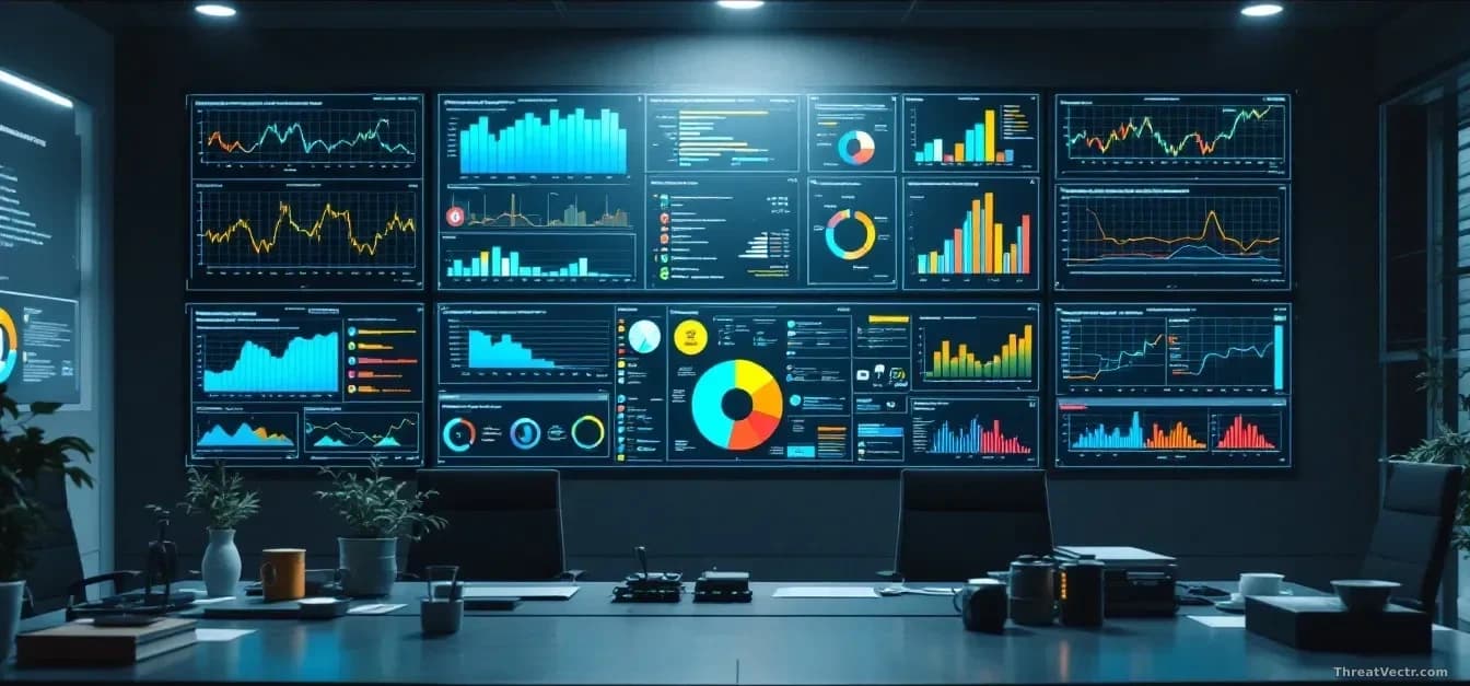 A security team's war room with walls covered in charts and graphs showing vulnerability backlogs, patch management timelines, and AI-powered threat assessment 