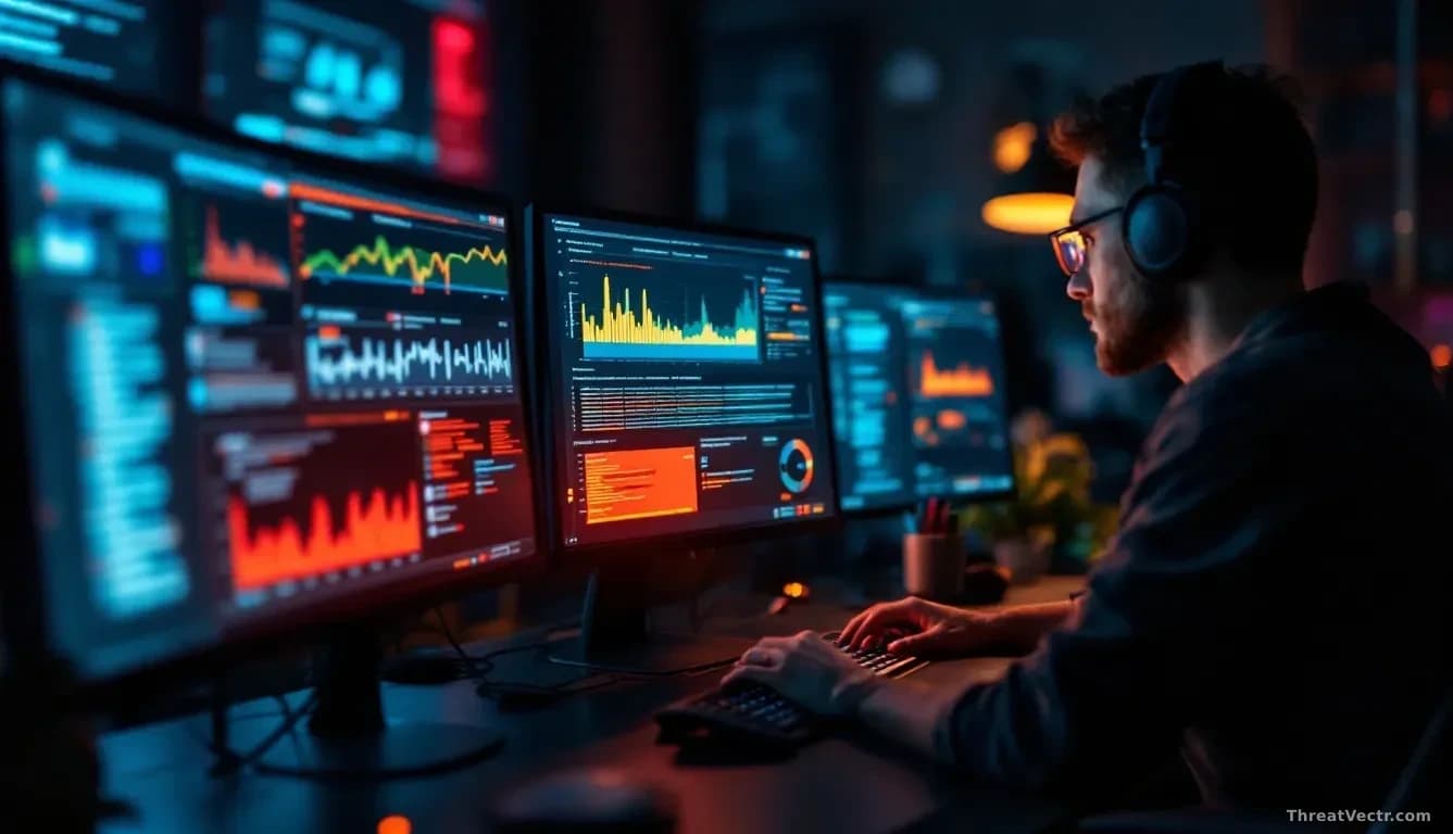 A security analyst's desk with multiple monitors displaying vulnerability scanning software dashboards, with one screen highlighting early-warning alerts appear