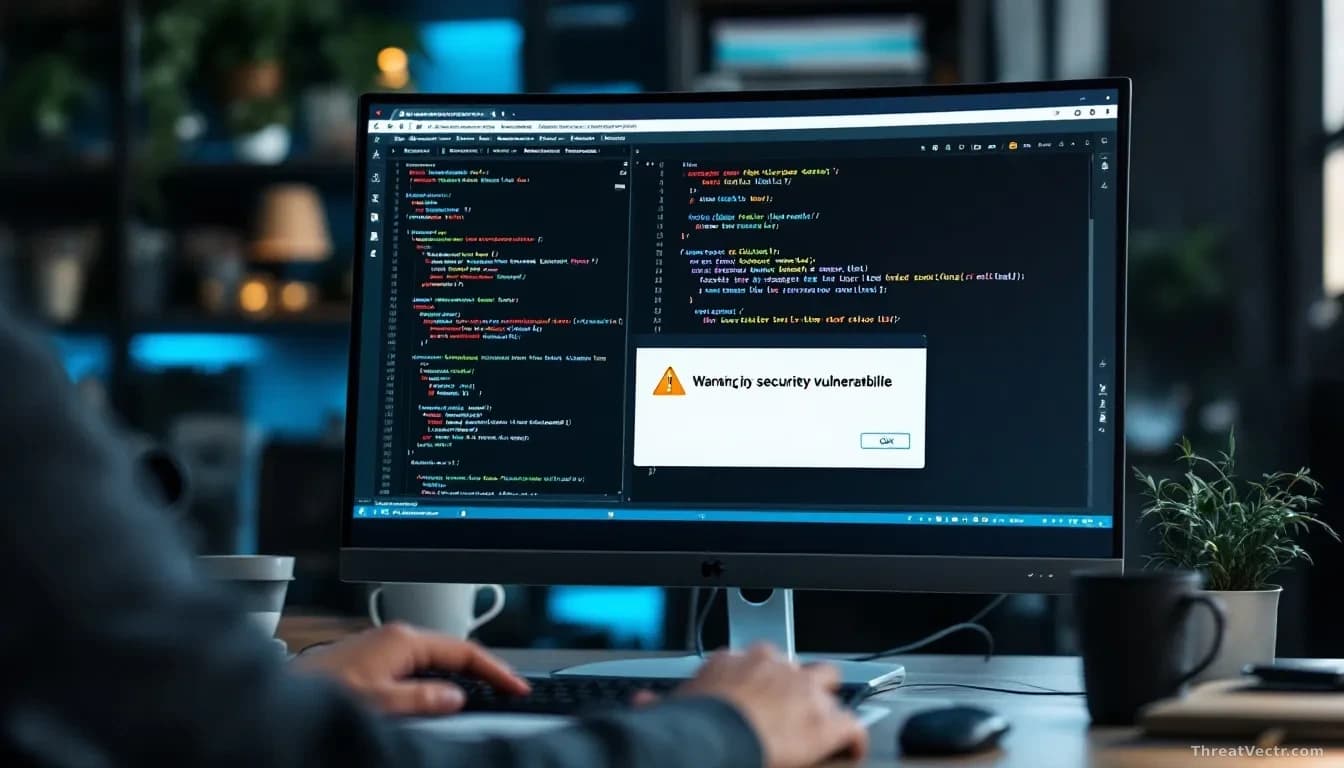 A developer's workspace with a Jupyter-style notebook application open on the monitor, showing code cells and a warning notification banner indicating a securit