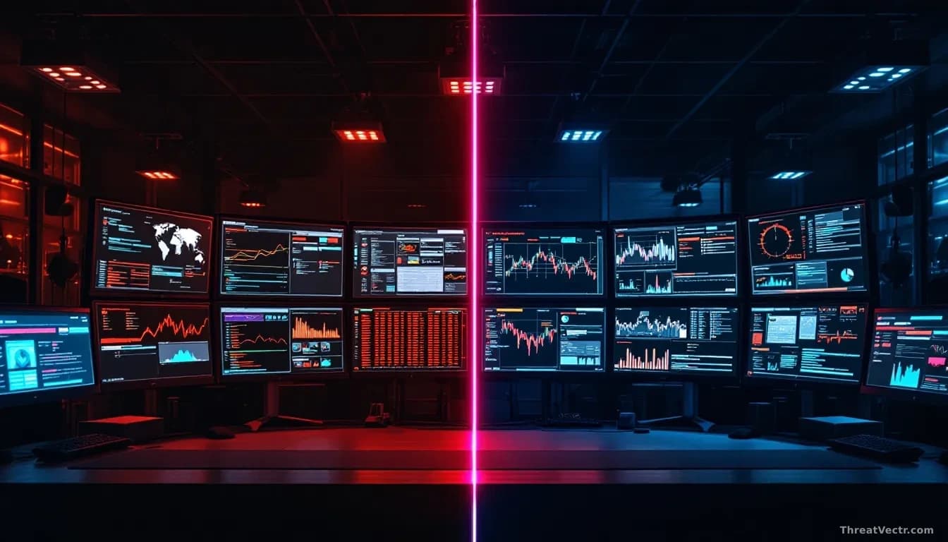 A split-screen view of two different security operations centers (one dimly lit, one brightly lit), each with multiple monitors displaying network activity and 