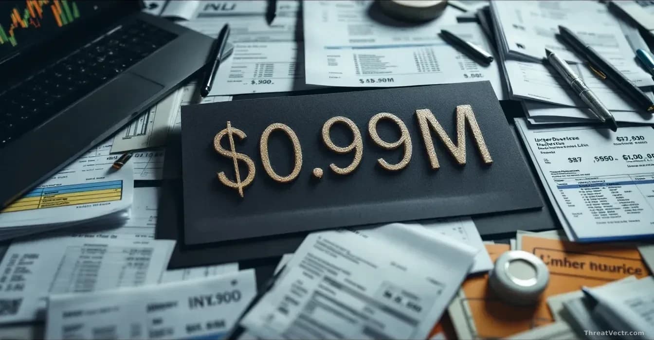A small business owner's desk surrounded by bills and invoices marked with cybersecurity costs, with a large '$4