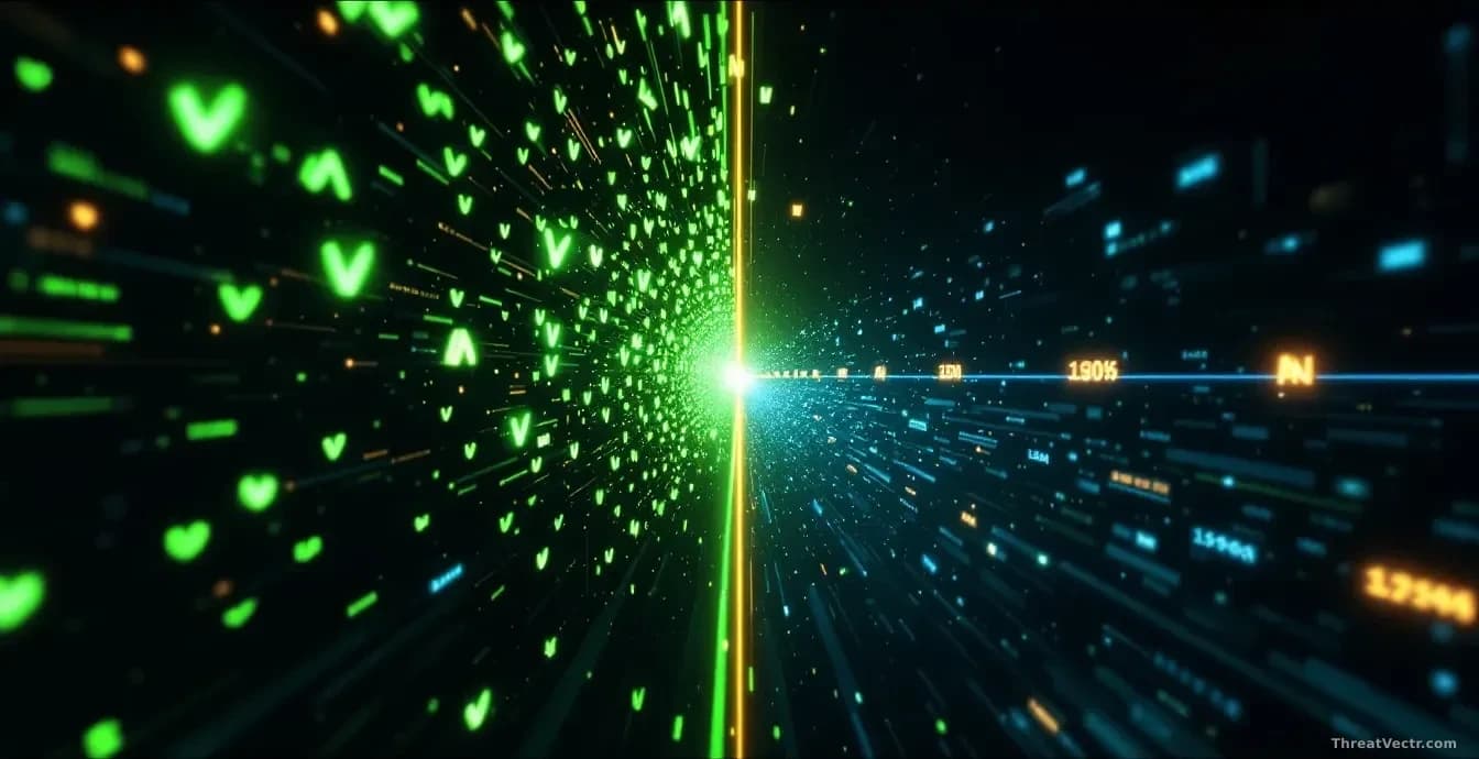 A split timeline visualization: on the left, an AI system rapidly discovering security bugs with green checkmarks appearing in seconds, on the right, a slow man