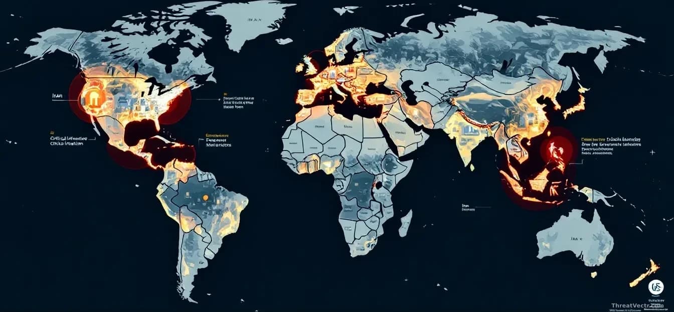 A world map highlighting Iran and critical infrastructure icons (power plants, water treatment facilities) with threat indicators, overlaid with official US Tre