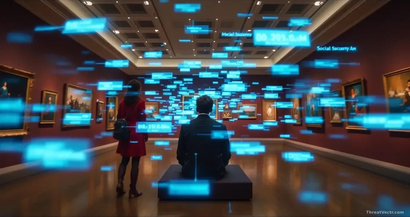 A museum gallery interior with artwork visible, overlaid with translucent data streams showing personal information fields: names, Social Security numbers, medi