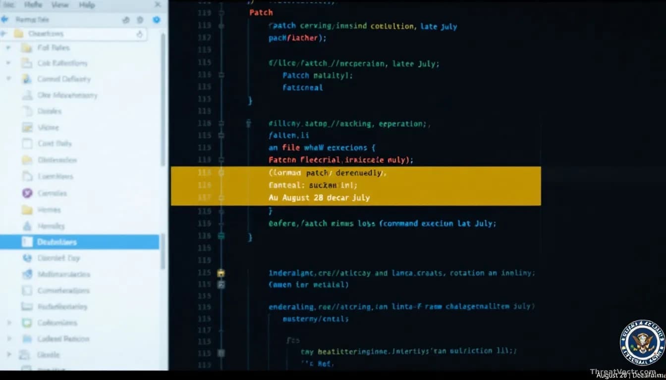 A code repository interface showing file directories and command execution logs, with a highlighted patch notice dated late July and a federal agency seal in th