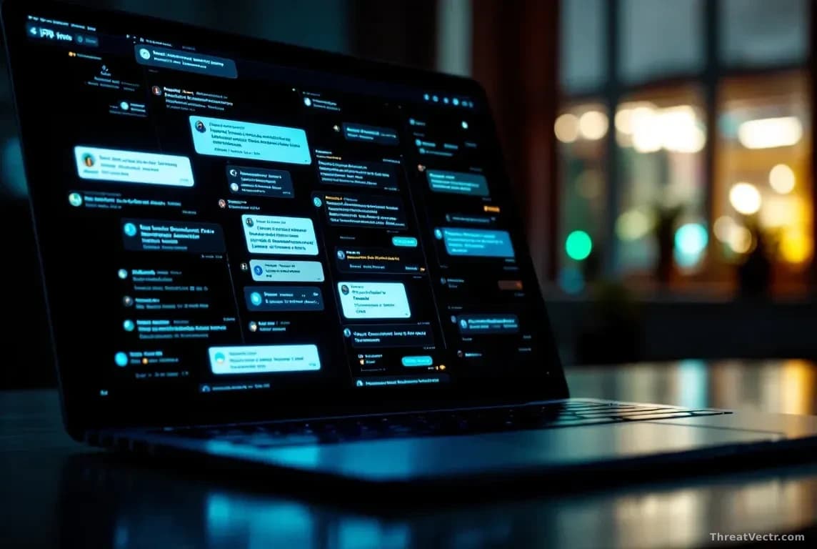 A laptop screen glowing in darkness shows streams of social media posts and chat messages flowing rapidly across multiple platform windows, with a VPN connectio