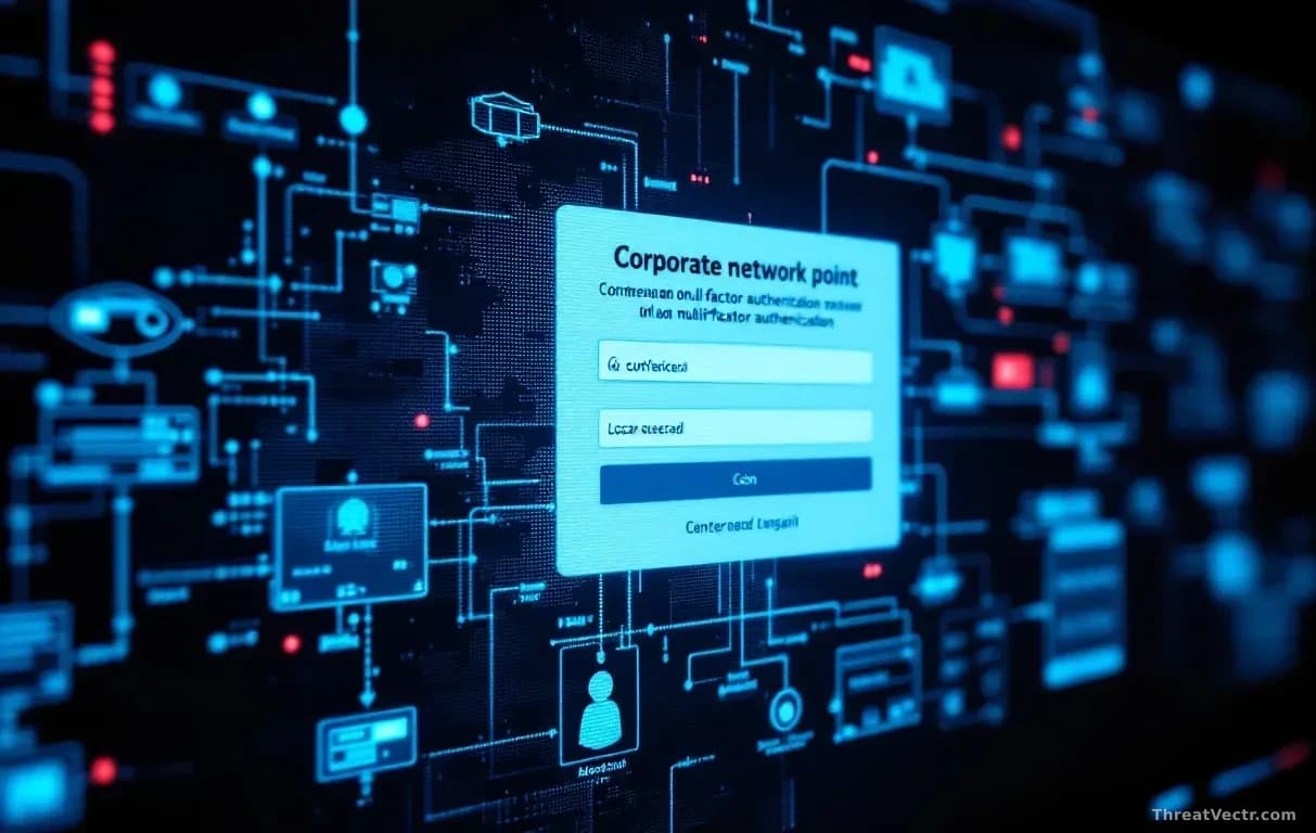 A corporate network access point with multi-factor authentication confirmation displayed on screen, showing successful login while simultaneously an attacker ga