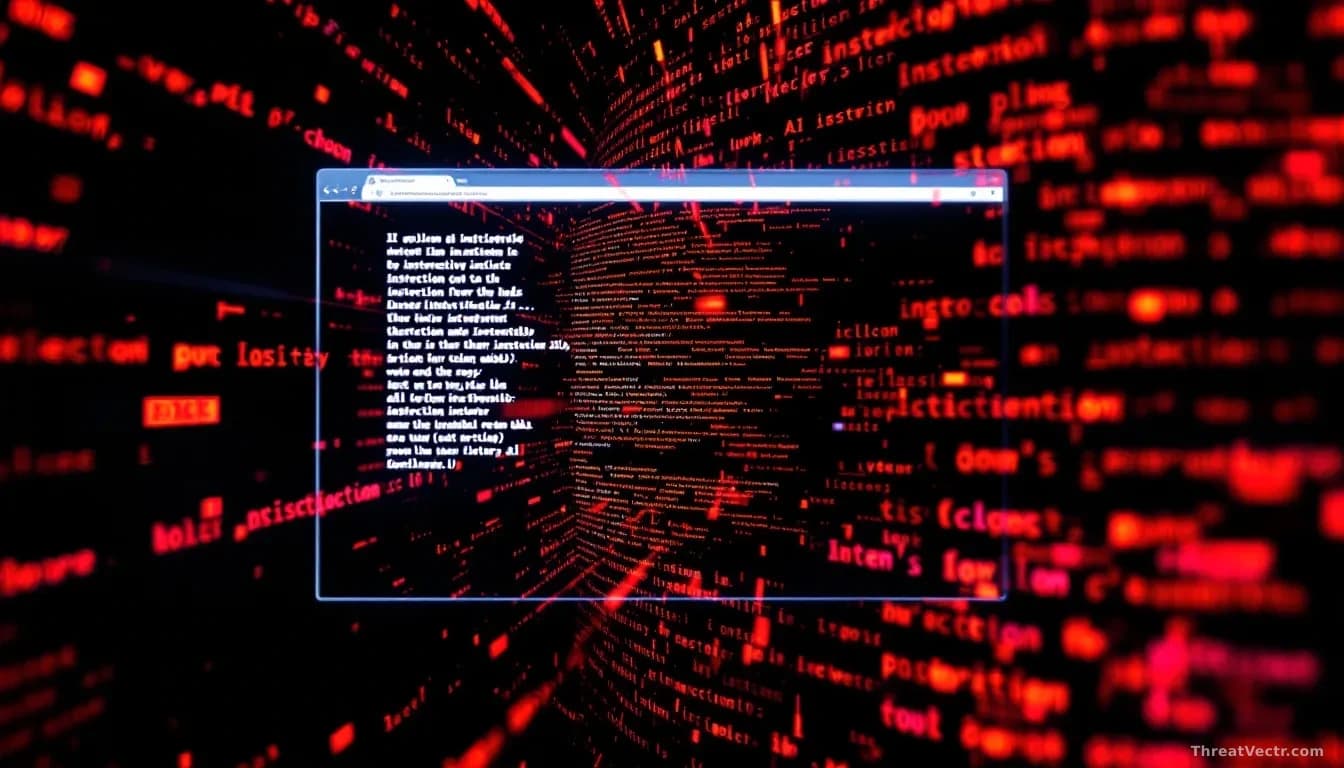 An AI assistant interface on a computer screen being corrupted by malicious webpage code injected through a browser window overlay, showing instruction prompt m