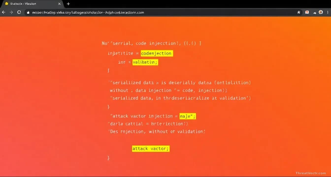 A video player interface rendered in a web browser window, displaying code injection points where serialized data is being deserialized without validation, with