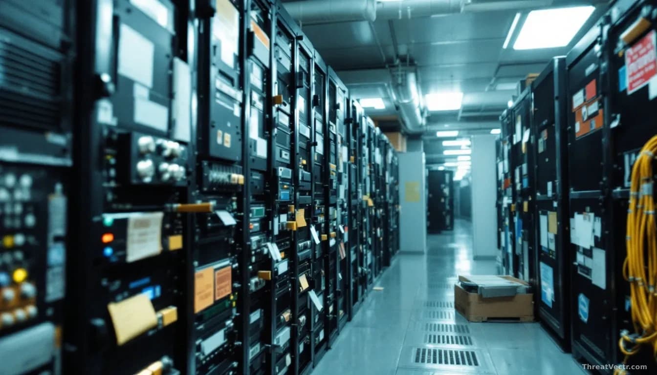 A corporate IT storage room filled with servers and networking equipment, many with outdated stickers and faded labels, showing years of accumulated patches and