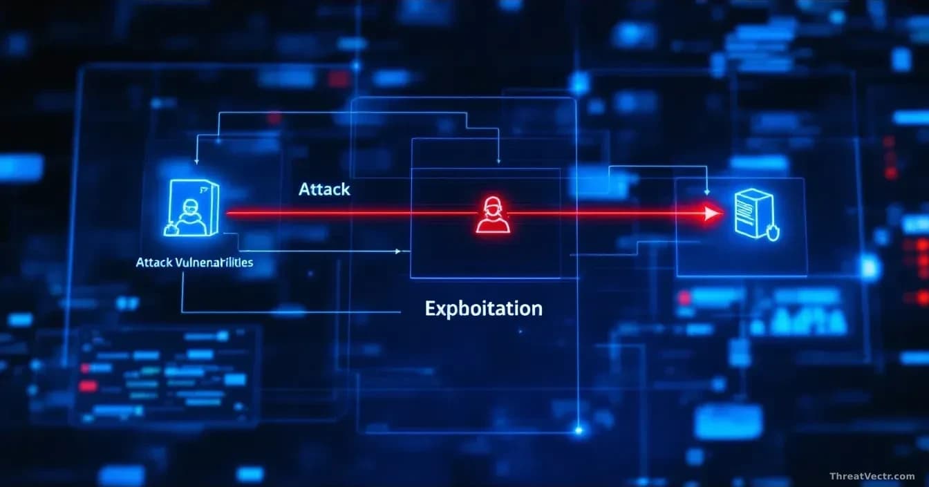 A network diagram displayed on a security operations center screen showing attack chain progression through server nodes, with two highlighted vulnerabilities c