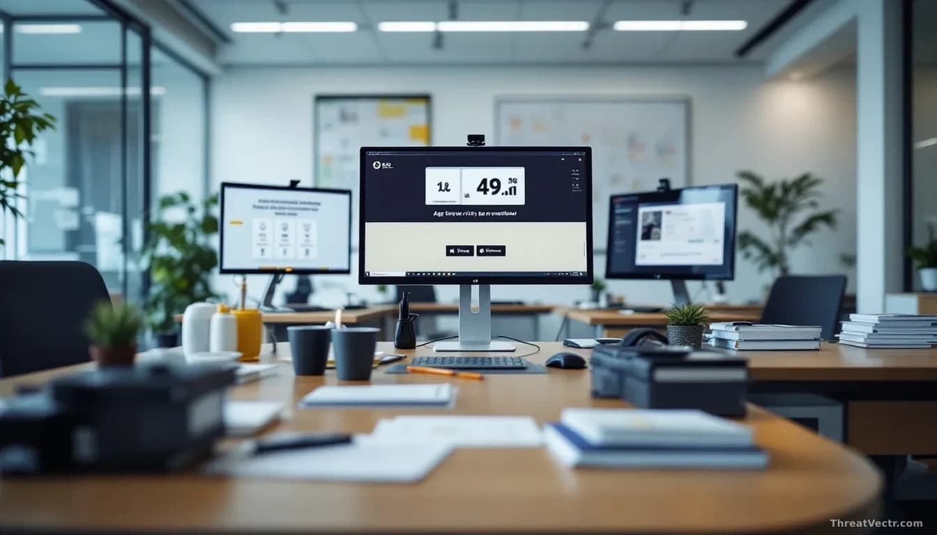 A New Zealand regulatory office workspace with legislation documents and enforcement frameworks visible, alongside age verification technology displays on compu