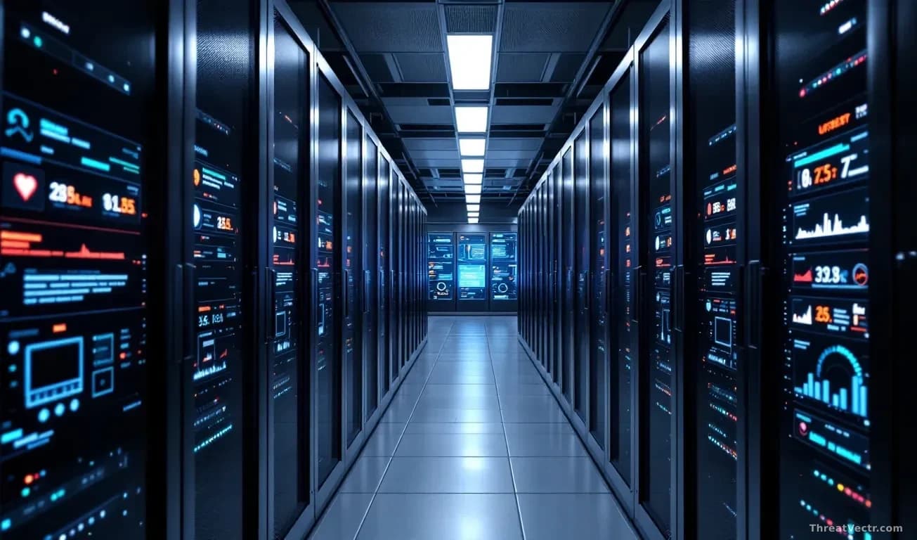 Multiple server racks in a secure data center with urgent patch deployment notices displayed across monitoring dashboards, showing critical vulnerability indica