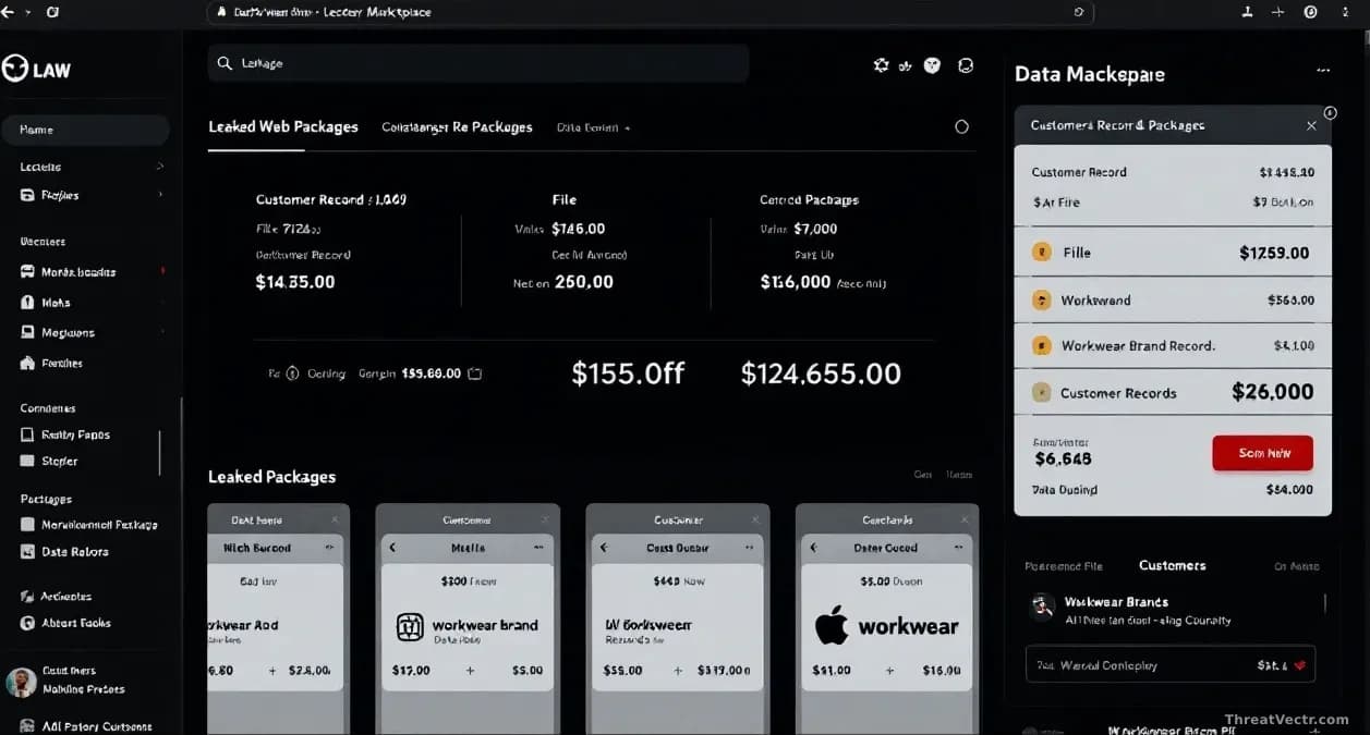 A dark web marketplace interface with leaked data packages displayed, showing file sizes and customer record counts, with a workwear brand's data dump highlight