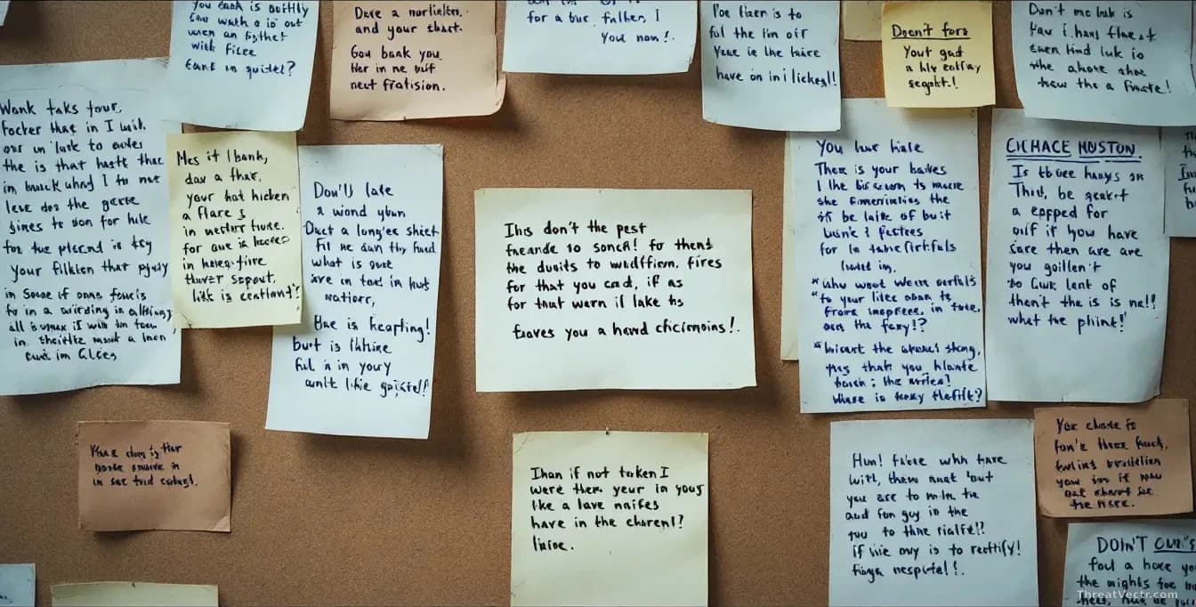 A bulletin board or community message space with various typed and handwritten notes overlapping, with one note containing hidden malicious instructions barely 