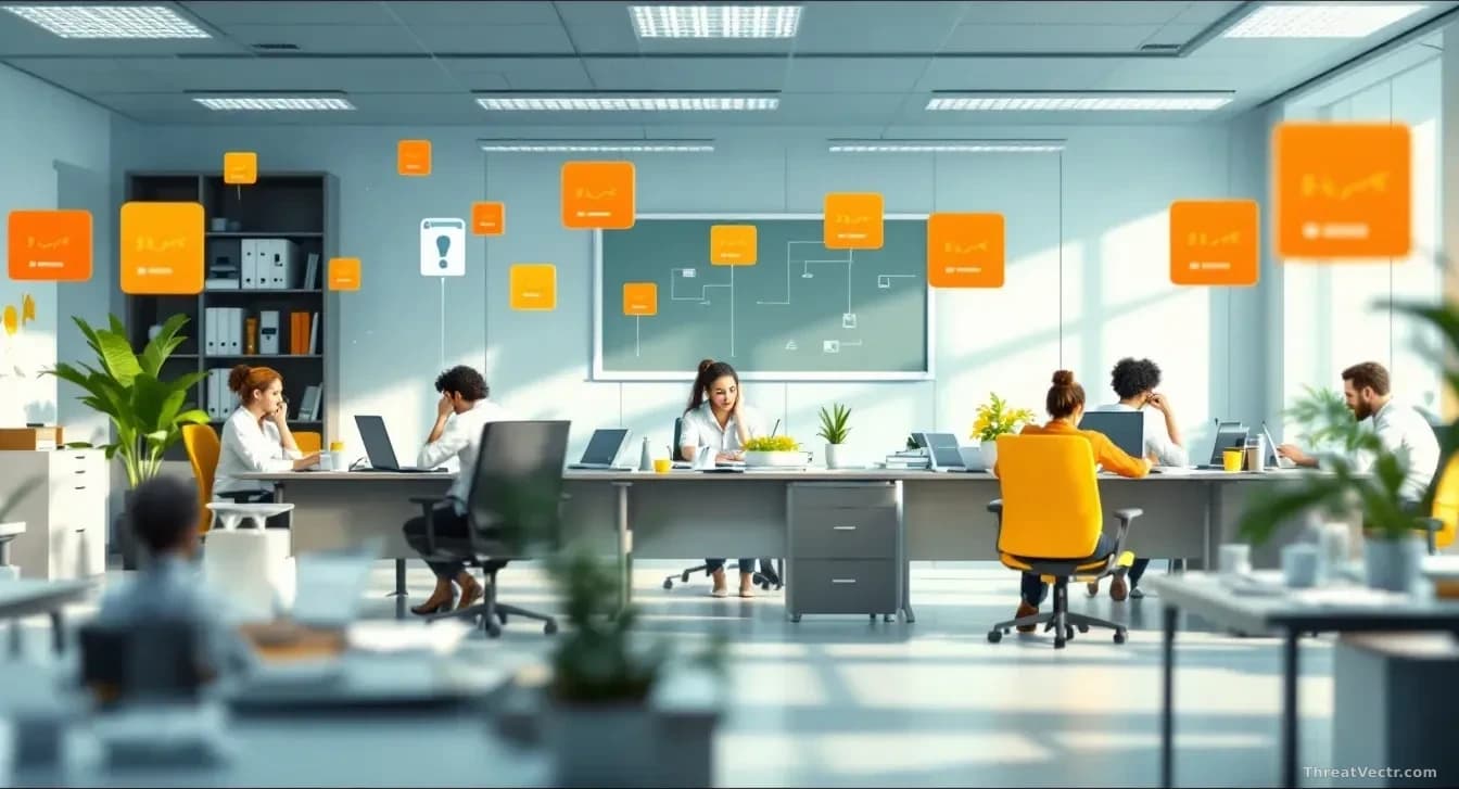 A government office workspace with welfare staff at desks showing signs of stress and concern, with visual indicators floating above showing incident markers—on