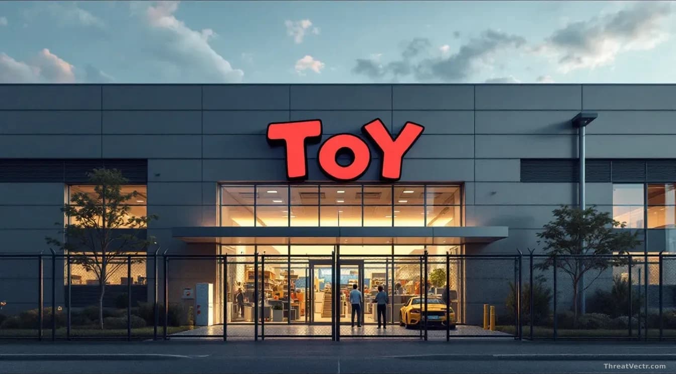 A toy manufacturing facility or corporate headquarters exterior, with security perimeter fencing visible and company signage obscured or removed from the facade