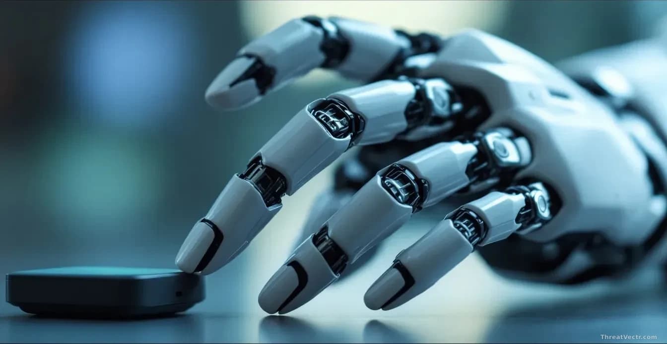 A humanoid robot hand in close focus with intricate mechanical joints and articulated fingers, positioned near a small device or Bluetooth transmitter suggestin