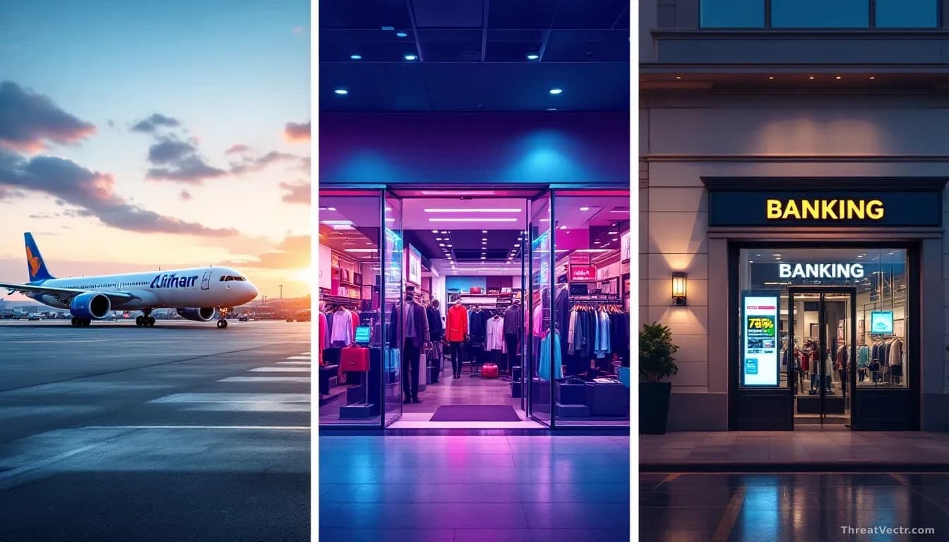 A split-screen composition showing three distinct cybersecurity incident scenes: an airport terminal in the distance, a retail clothing store entrance, and a ba