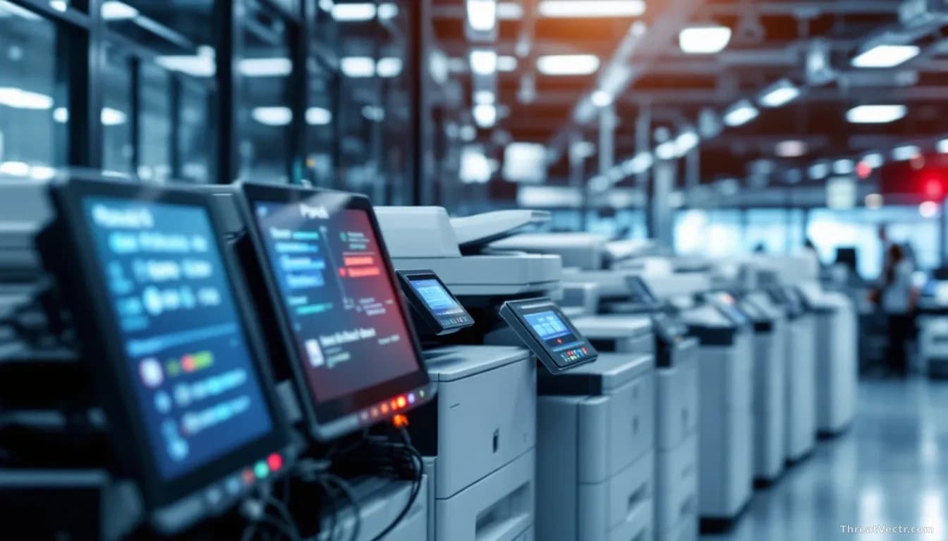 Office printers and print management equipment arranged in a corporate environment, with network cables and digital screens displaying status information and re