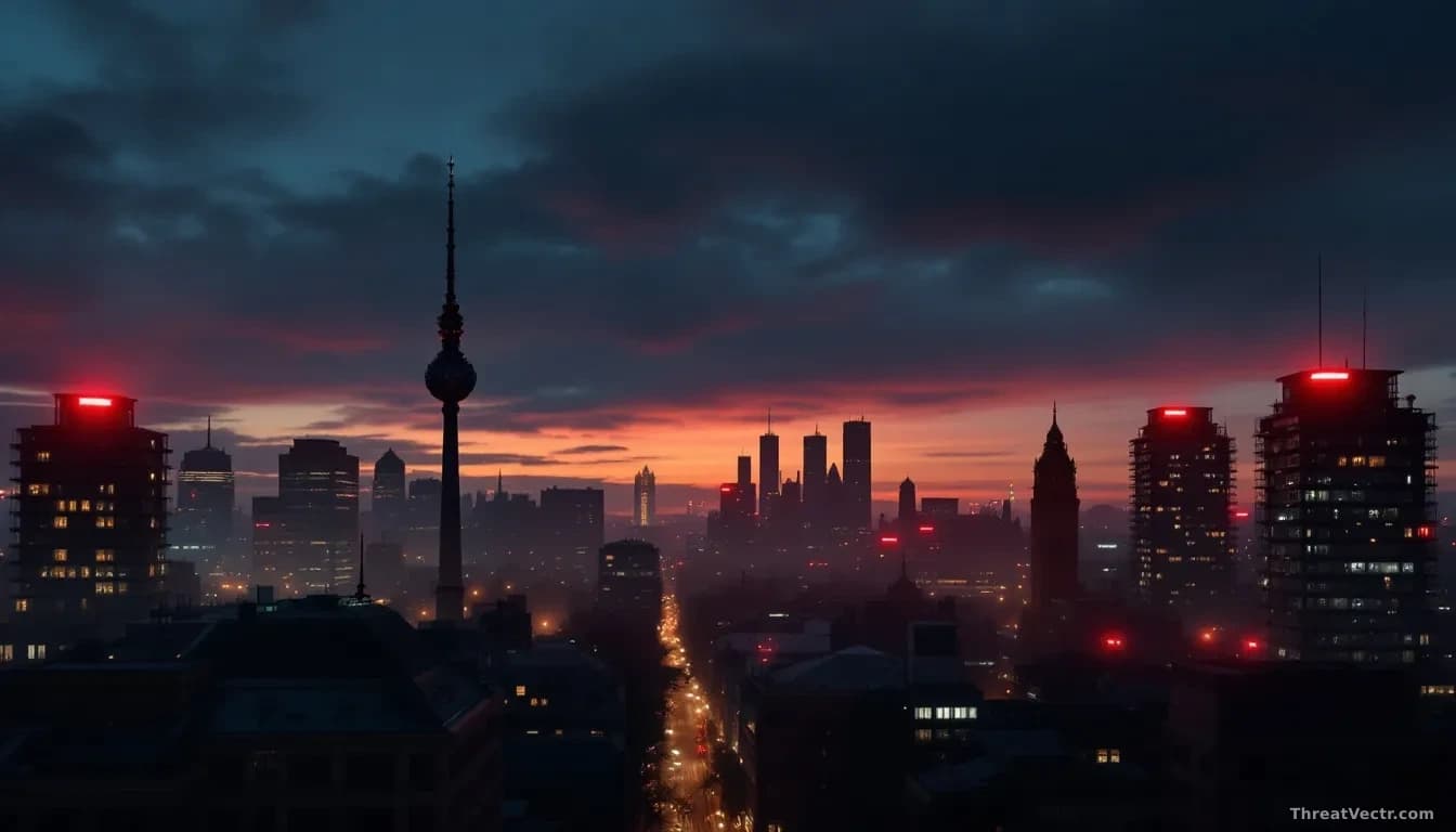 Berlin's city skyline at dusk with administrative government buildings visible in silhouette, red warning lights or alert indicators digitally suggested across 