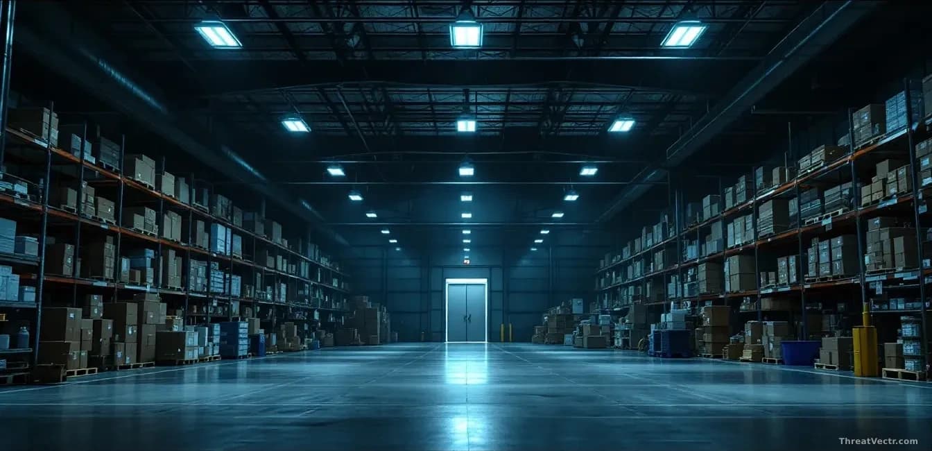 A sprawling pharmaceutical warehouse or distribution center at night, with security lights illuminating rows of shelving units and inventory, a single door or a