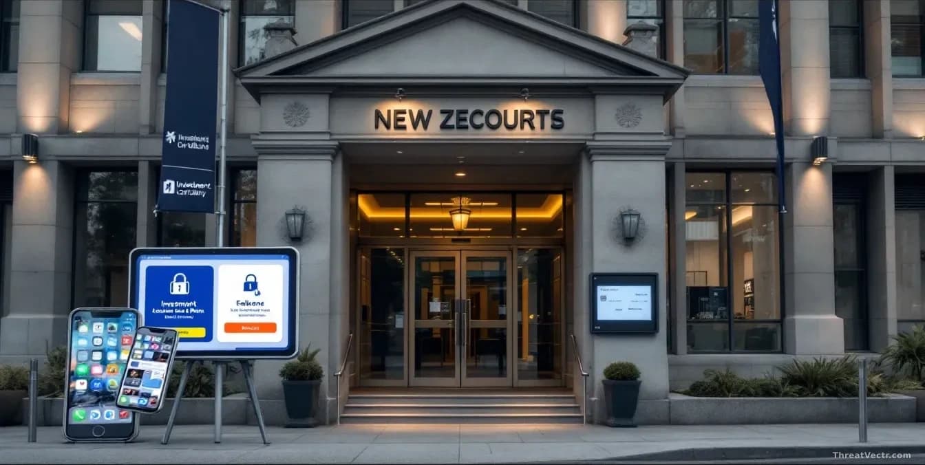 A New Zealand courthouse exterior photographed with investment app logos and banking security imagery, evidence photos of a stolen phone displayed nearby