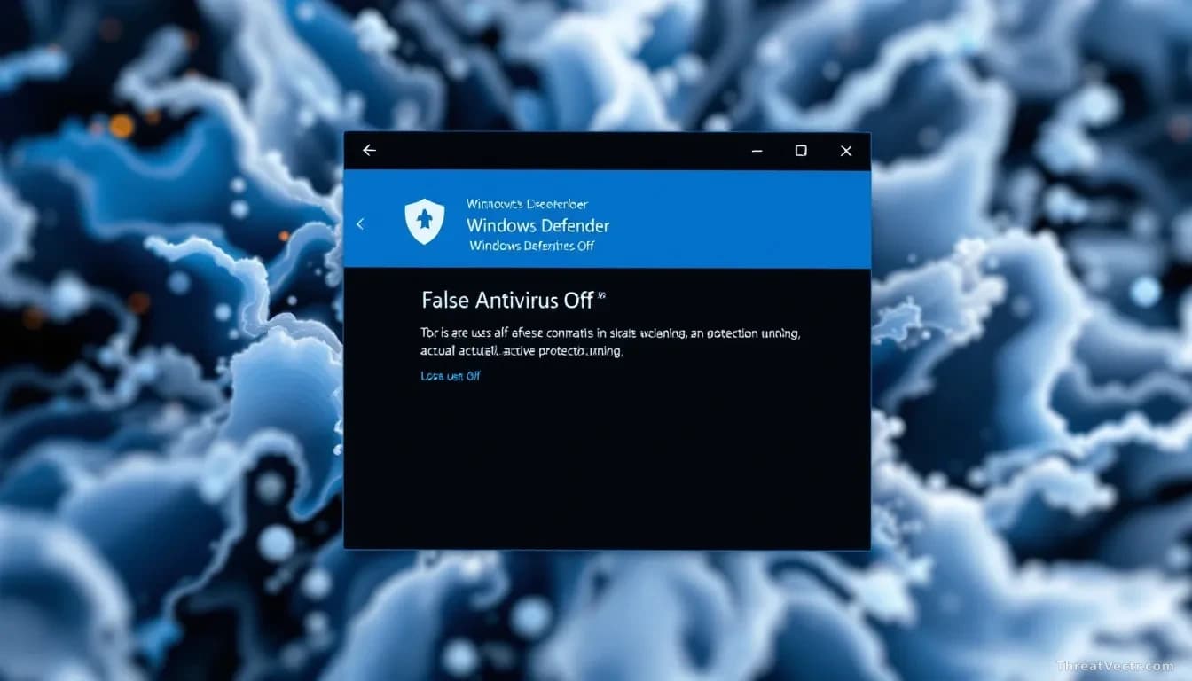 A Windows Defender notification panel displayed prominently with false 'Antivirus is Off' warning, background showing actual active protection running, confusio