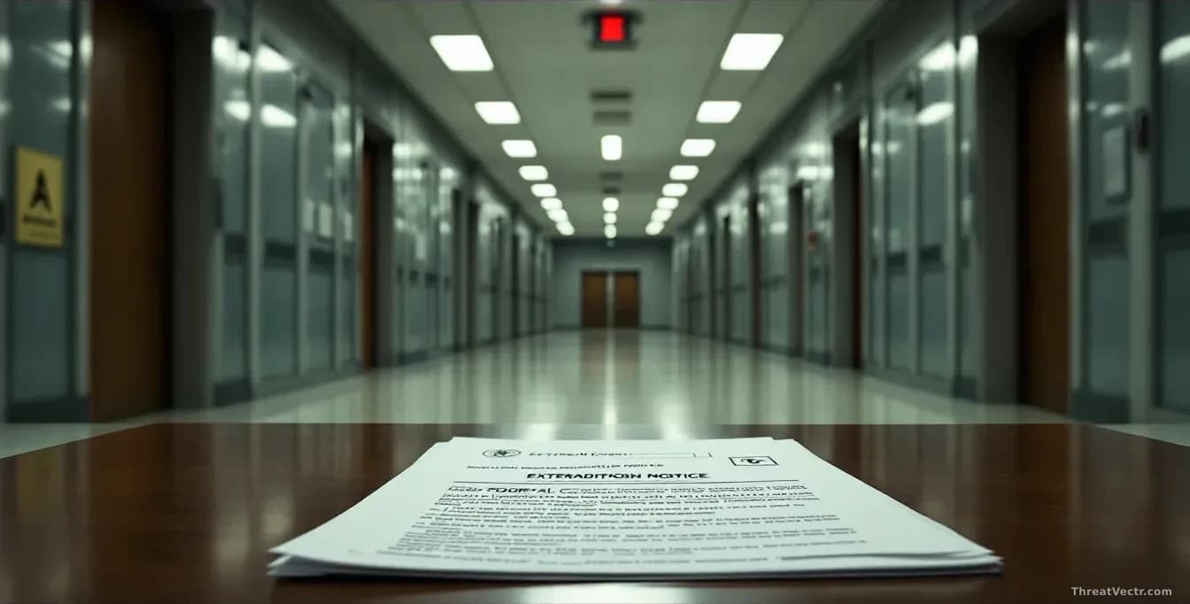 A federal courthouse hallway with security barriers, extradition notice documents on a table, the severity of the setting conveyed through harsh institutional l