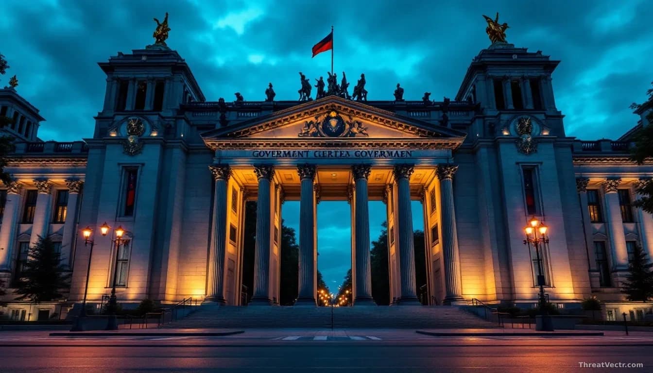 Berlin's government building entrance photographed from street level at dusk, official flags hanging limply, security cameras visible on the facade