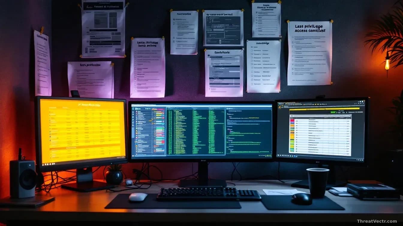 An IT administrator's desk with multiple monitors displaying permission matrices and access control lists, papers with least-privilege checklists pinned to the 