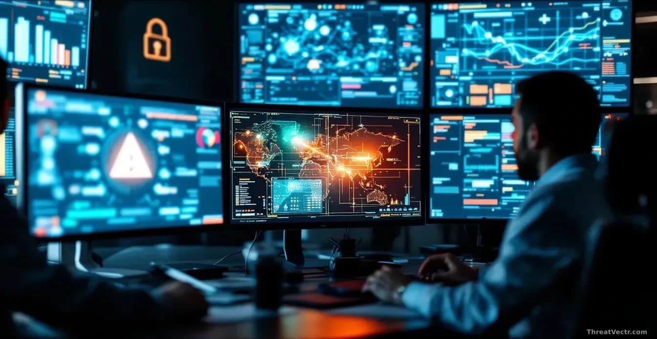 A corporate security team running a simulated attack drill in a control room, multiple screens showing attack scenarios, AI-powered threat patterns, and rapid r