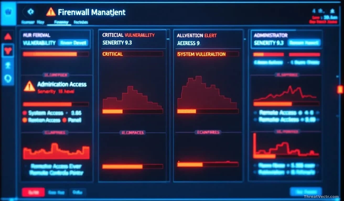 A firewall management console displaying multiple critical vulnerability alerts at severity level 9