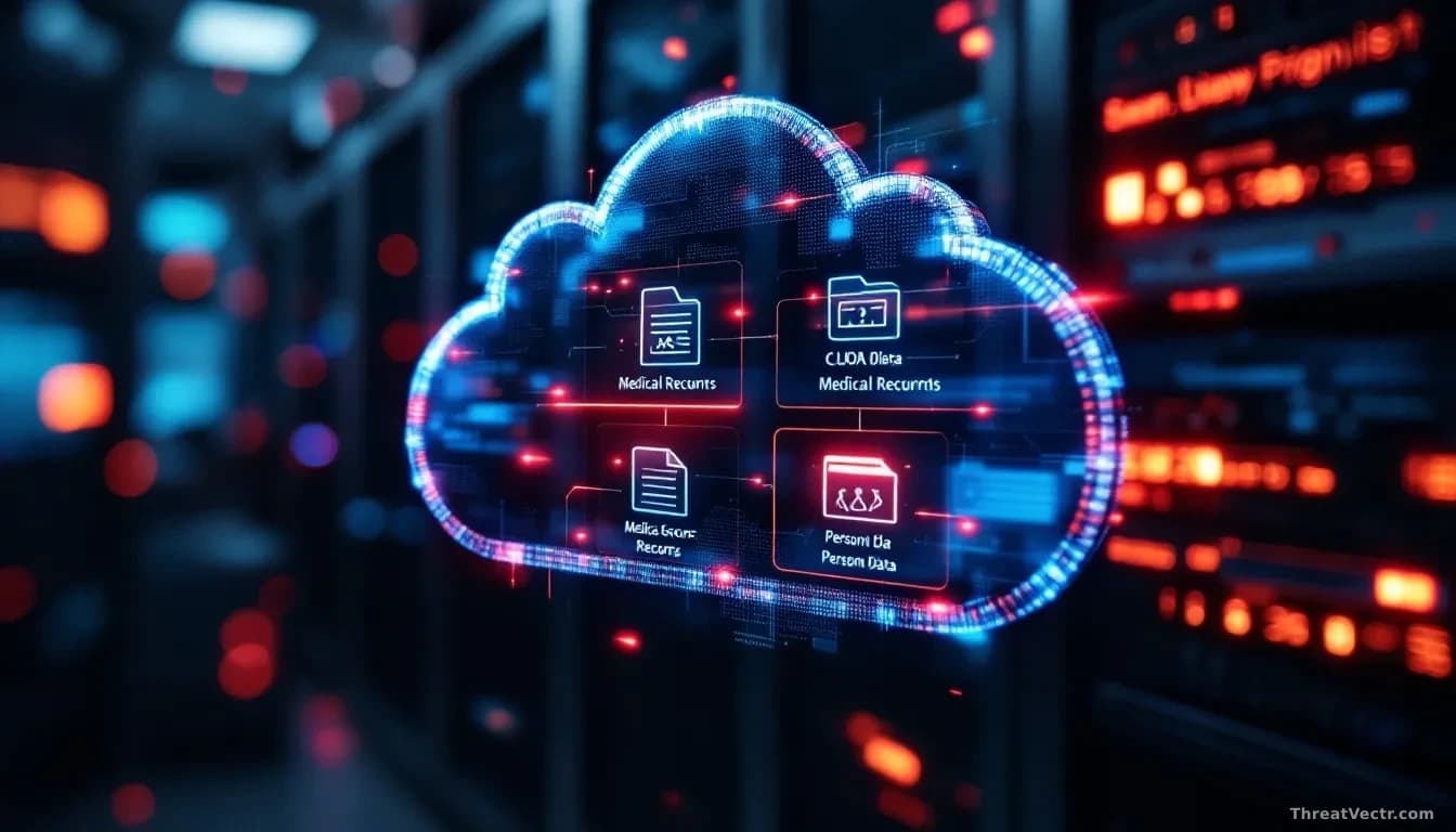 A cloud storage interface showing folders of sensitive documents being copied or accessed, medical records and personal data files highlighted in red, server ra