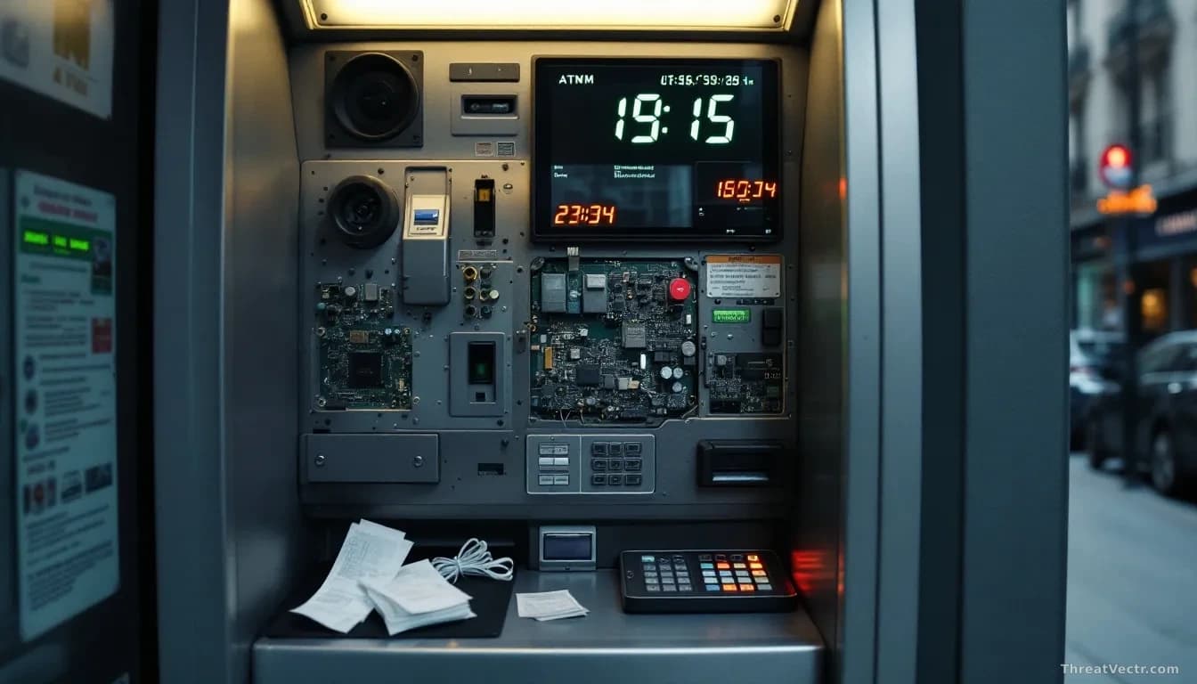ATM machine interior components exposed, circuit boards and cash dispensing mechanisms visible, malware installation tools nearby, security camera footage times